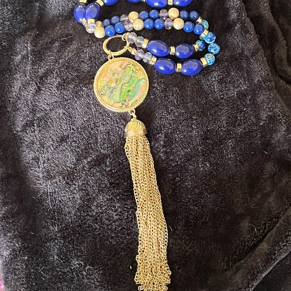 BOGO 80s to 90s Abalone Tassel Necklace. Faux Lapis Lazuli and Crystal Bead - Picture 9 of 12